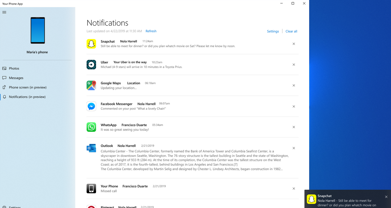 See phone notifications appear on your destop PC - View Android phone notifications on your Windows 10 PC in real time