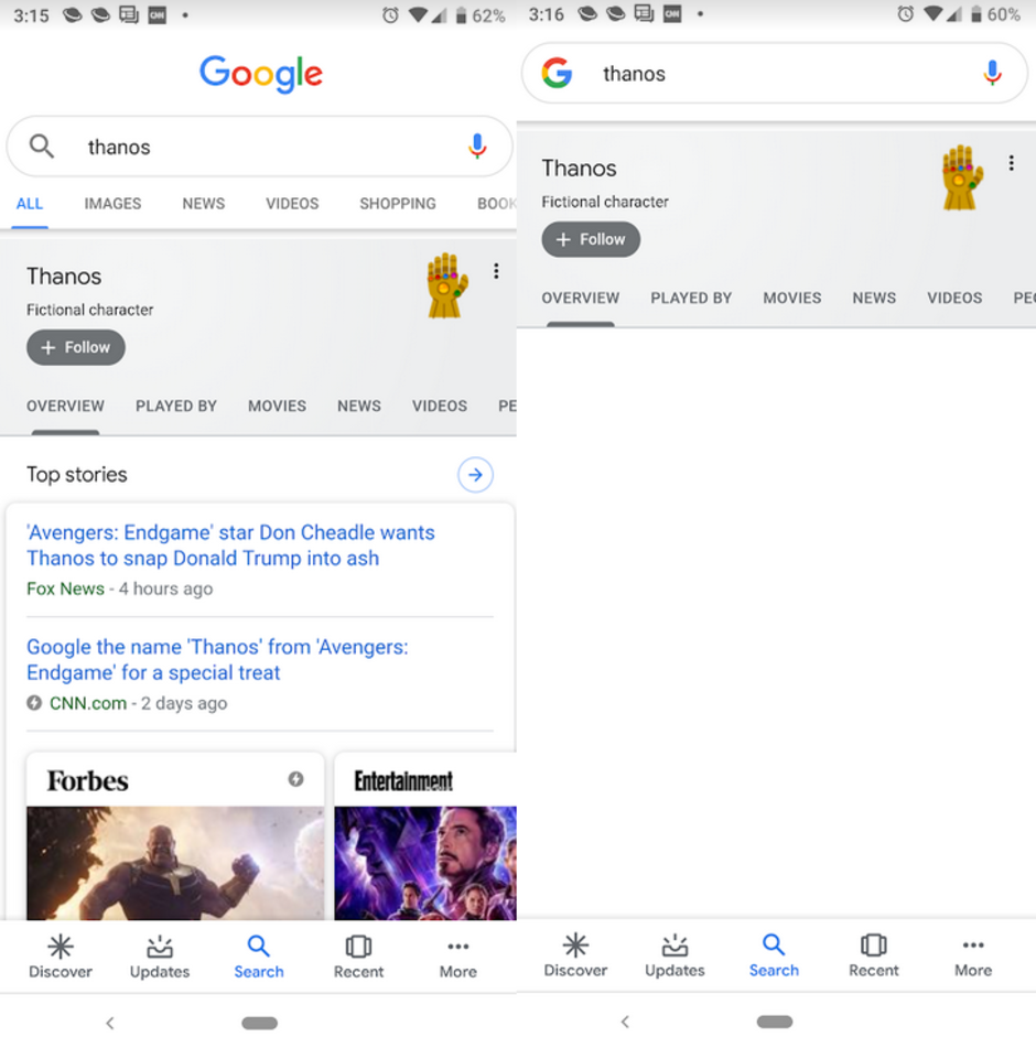 Google search Avengers Easter egg shows Thanos getting rid of half your search results in an Infinity War style attack - Pixel 3 stars in Avengers: Endgame; check out this Thanos Google search Easter egg