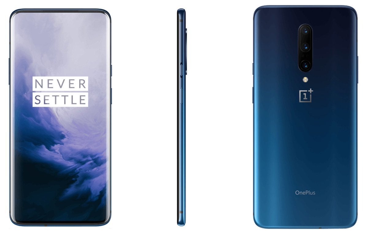 This is the OnePlus 7 Pro in Almond, Nebula Blue, and Mirror Grey