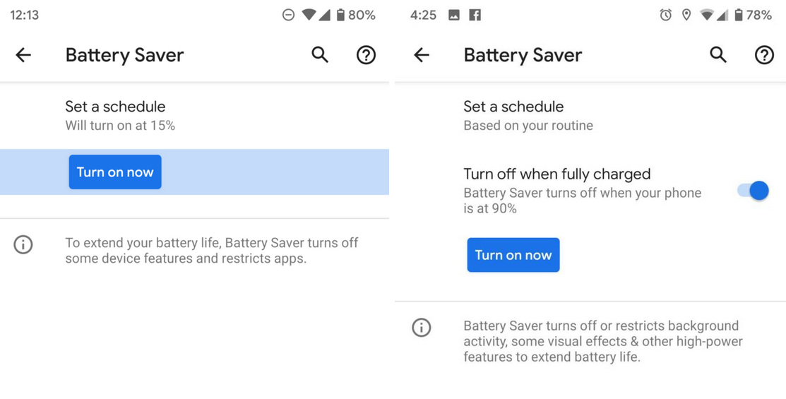 Updated Battery Saver (on right) can be set to turn off when the battery is charged to 90% on Android Q - Google takes another feature from Apple for Android Q