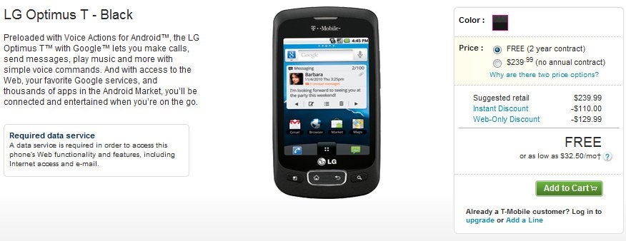 T-Mobile is keeping the competition fierce by pricing the LG Optimus T in black to free