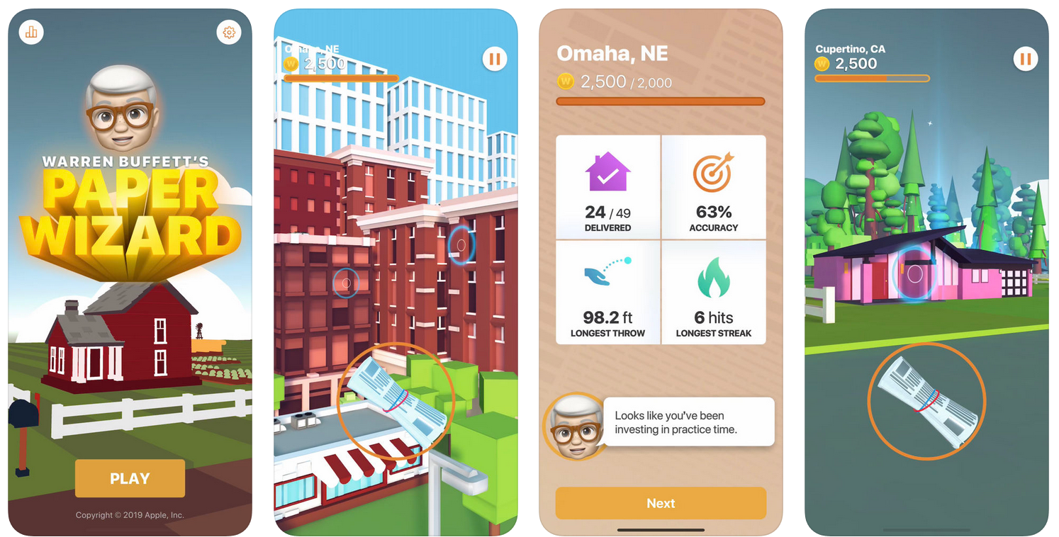 Screenshots of Warren Buffet's Paper Wizard mobile game - Apple removes its own mobile game from the App Store outside of the U.S.