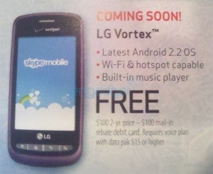 The LG Vortex can be yours free from Verizon after a $100 mail-in rebate - Verizon to offer LG Vortex for free after rebate