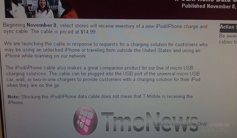 T-Mobile tells employees the reason why certain stores are offering proprietary cables for the Apple iPhone/iPod - T-Mobile explains why it is offering the Apple iPhone cable