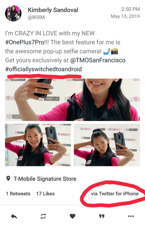 Tweet promoting the OnePlus 7 Pro from an influencer who officially switched to Android was made using an Apple iPhone - T-Mobile promotes the OnePlus 7 Pro using an Apple iPhone