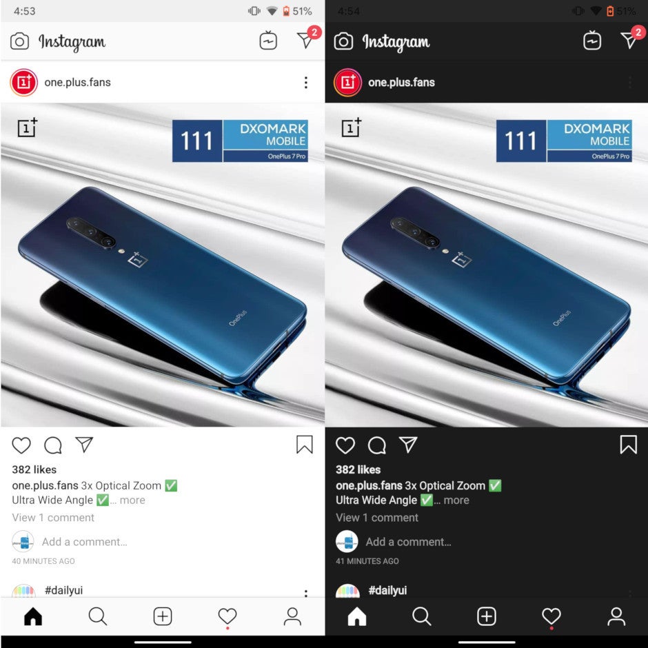 Instagram app dark mode forced by Android Q (right) - All about Dark Mode in Android Q, and force-switching it for Instagram or WhatsApp