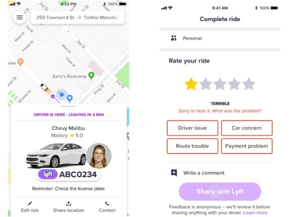 Increased license plate visibility (left), mandatory secondary feedback (right) - Lyft is vastly improving rider safety with in-app emergency assistance and more