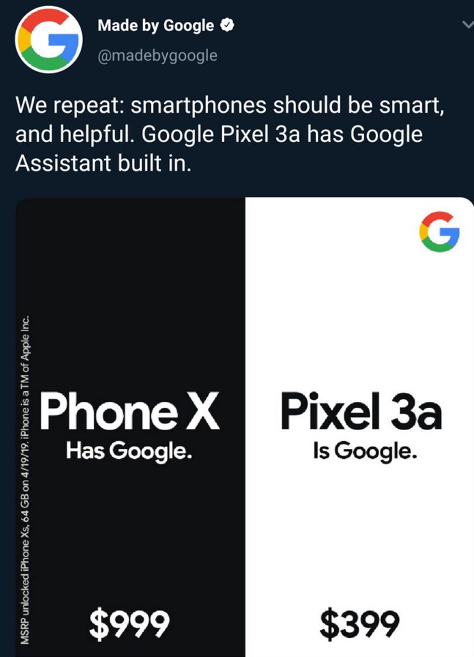 Phone X has Google; the Pixel 3a is Google - Google has a catchy new slogan for its latest Pixel 3a-iPhone XS comparison ad