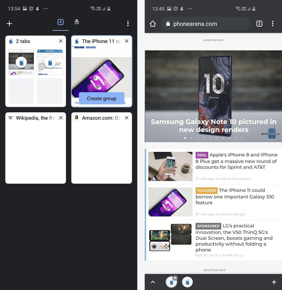 Left &ndash; tabs screen with one tab group. Right &ndash; webpage from a tab group. Note the navigation bar at the bottom - Google Chrome is getting a seriously useful new feature on Android