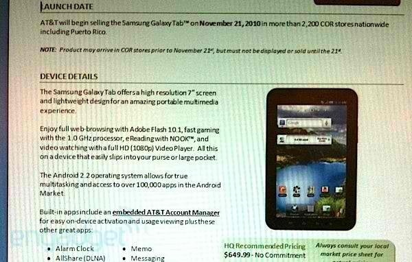 Leaked screenshot points to a November 21st release &amp; $649 price point - AT&T's Samsung Galaxy Tab slated for a November 21st release & priced at $649?