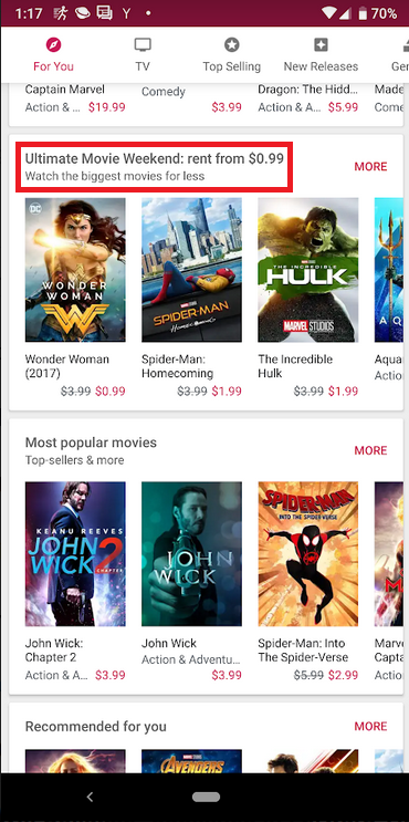 Movie rentals start at 99 cents in the Google Play Store for the Ultimate Movie Weekend - It&#039;s the &quot;Ultimate Movie Weekend&quot; which means rentals start at 99 cents in the Google Play Store