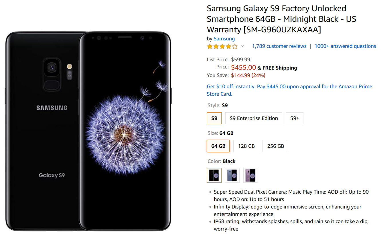 The Samsung Galaxy S9 and Galaxy S9+ are on sale at Amazon - Amazon has sweet deals on the unlocked U.S. Samsung Galaxy S9 and Galaxy S9+