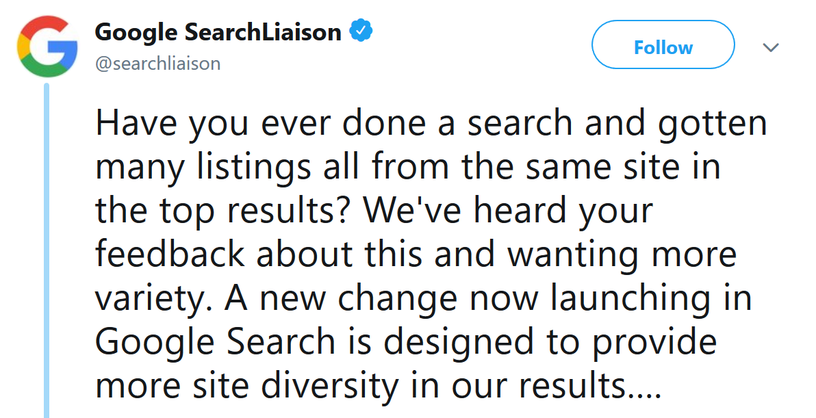 Google announces its diversity update for Google Search - Google Search results are improved in response to user feedback