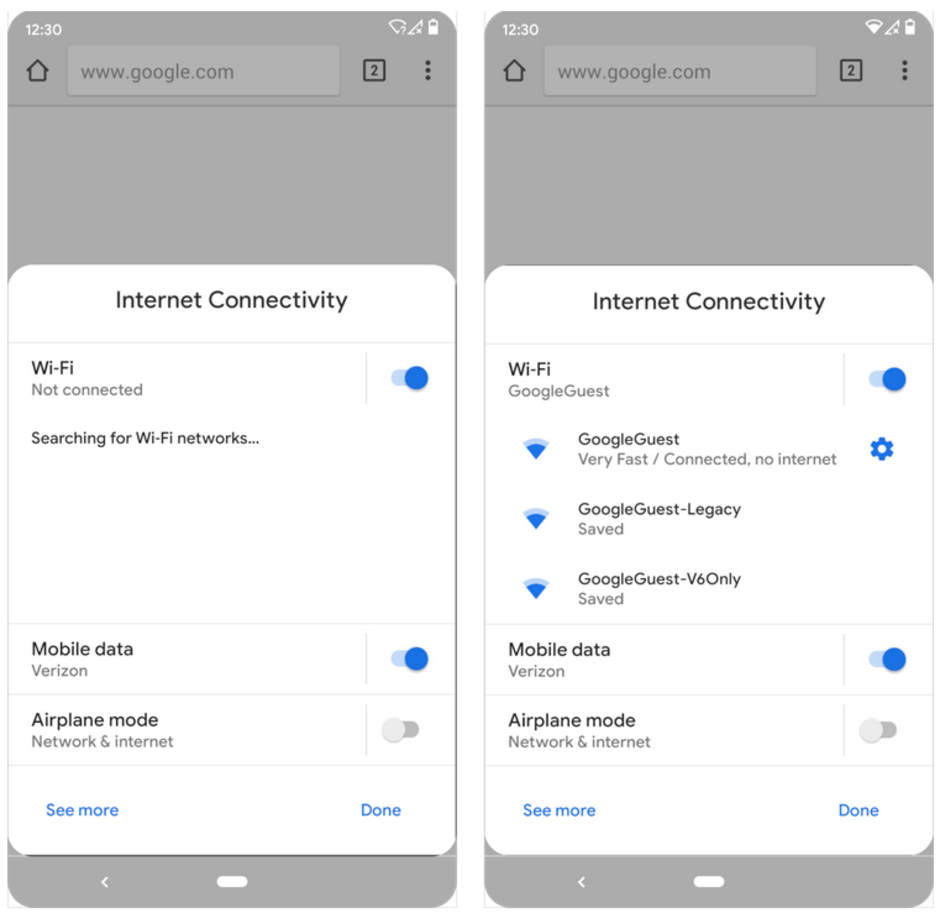 Android Q will allow users to make connectivity settings from inside an app, Chrome in this example - Android Q will make it easier to change connectivity settings