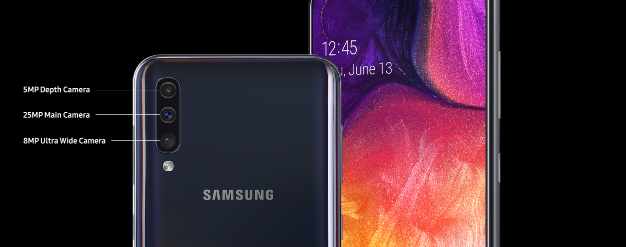The Samsung Galaxy A50 sports a triple camera setup in the back - Samsung's well spec'd Galaxy A50 mid-ranger hits Verizon on June 13th