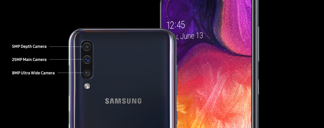 The Samsung Galaxy A50 sports a triple camera setup in the back - Samsung&#039;s well spec&#039;d Galaxy A50 mid-ranger hits Verizon on June 13th