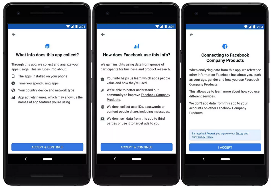 Information gathered by the app is not sold to third parties and is not used to target ads - Facebook&#039;s Study program pays for information about the apps you use