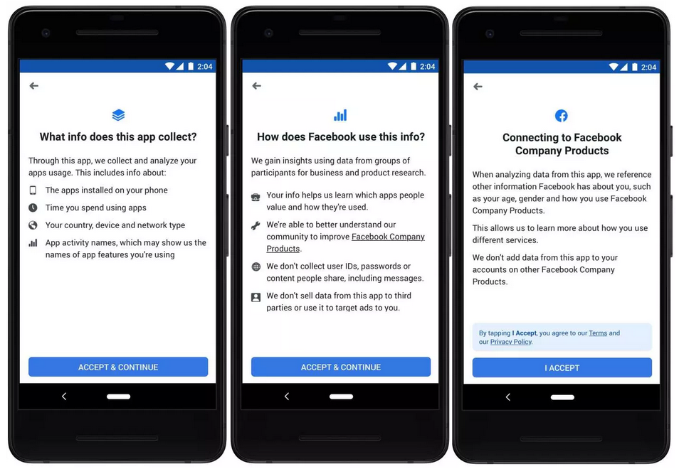 Information gathered by the app is not sold to third parties and is not used to target ads - Facebook's Study program pays for information about the apps you use