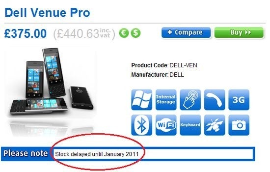 A word from Britain says that Dell Venue Pro is delayed until January 2011