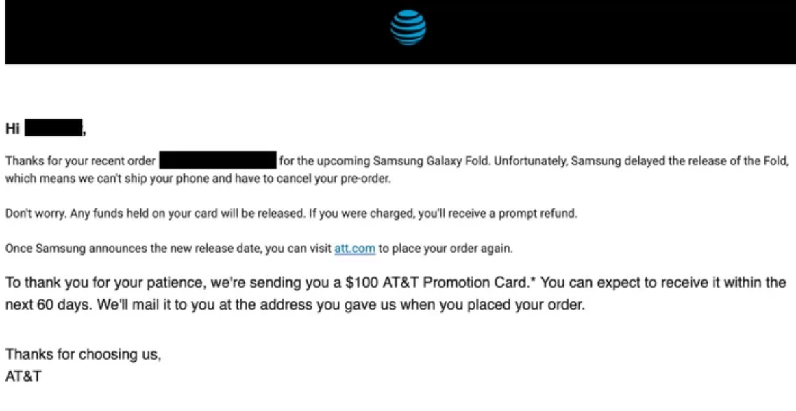 AT&amp;T alerts its customers that it has canceled their pre-orders for the Samsung Galaxy Fold - AT&T cancels its Samsung Galaxy Fold pre-orders; customers involved get a $100 promo card