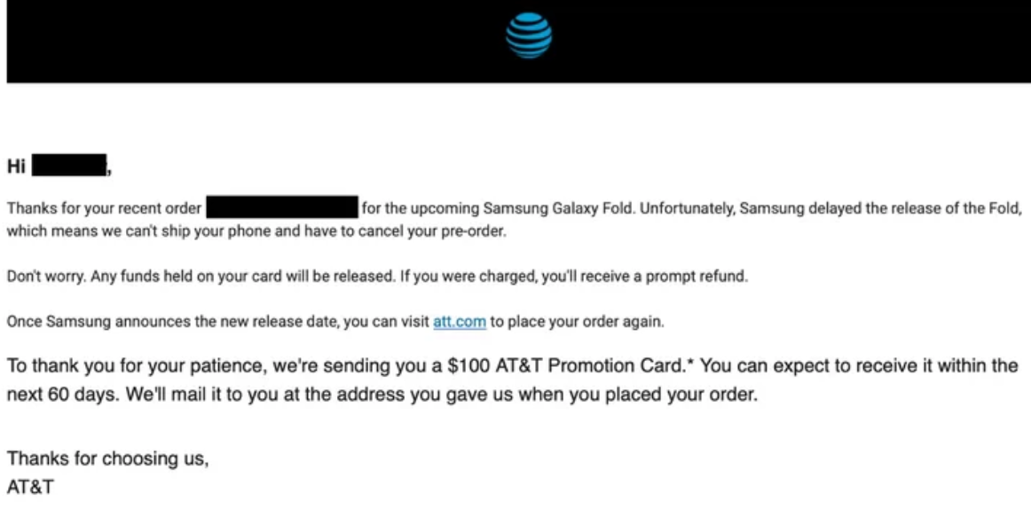 AT&amp;amp;T alerts its customers that it has canceled their pre-orders for the Samsung Galaxy Fold - AT&amp;T cancels its Samsung Galaxy Fold pre-orders; customers involved get a $100 promo card