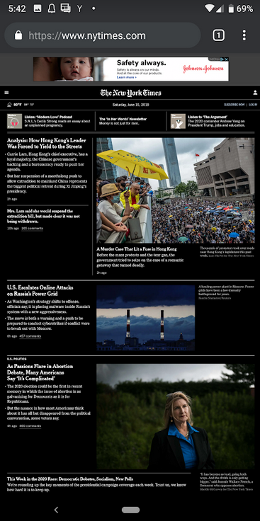 New York Times website in dark mode on Chrome - Google Chrome beta app for Android is updated with a battery saving feature