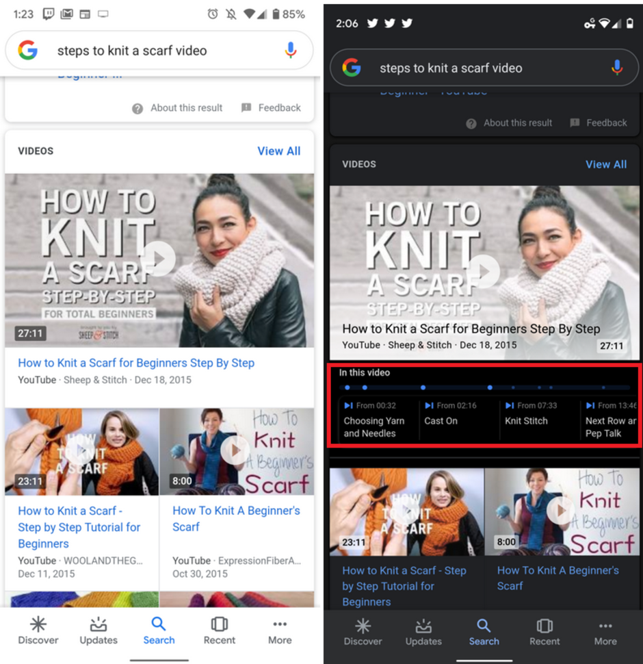 The results at right include the 'In this video' timeline - Update adds cool new feature for some YouTube videos on Google Search
