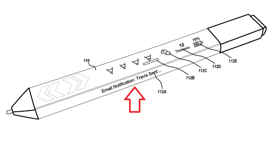 Image from Microsoft's patent application shows a Surface Pen with a touchscreen status bar issuing email notifications - Patent application filed by Microsoft takes a popular Surface Pro accessory to the next level