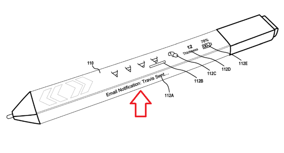 Image from Microsoft&#039;s patent application shows a Surface Pen with a touchscreen status bar issuing email notifications - Patent application filed by Microsoft takes a popular Surface Pro accessory to the next level