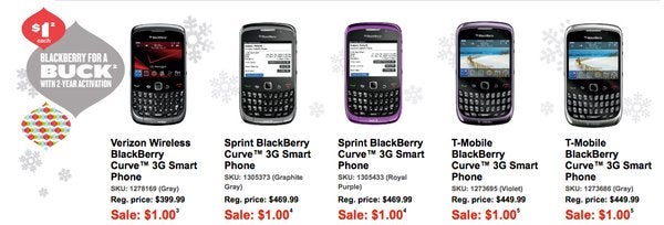 All versions of the BlackBerry Curve 3G are on sale for $1 with a contract. - All BlackBerry Curve 3G smartphones are selling for a dollar through Best Buy
