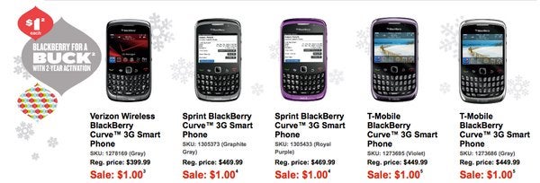 All versions of the BlackBerry Curve 3G are on sale for $1 with a contract. - All BlackBerry Curve 3G smartphones are selling for a dollar through Best Buy