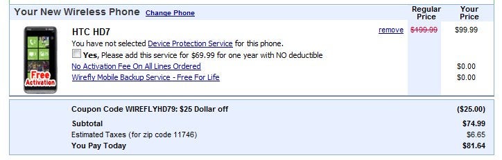 Wirefly is selling the HTC HD7 for $74.99 with a contract. - Wirefly is selling the HTC HD7 for $74.99 with a contract