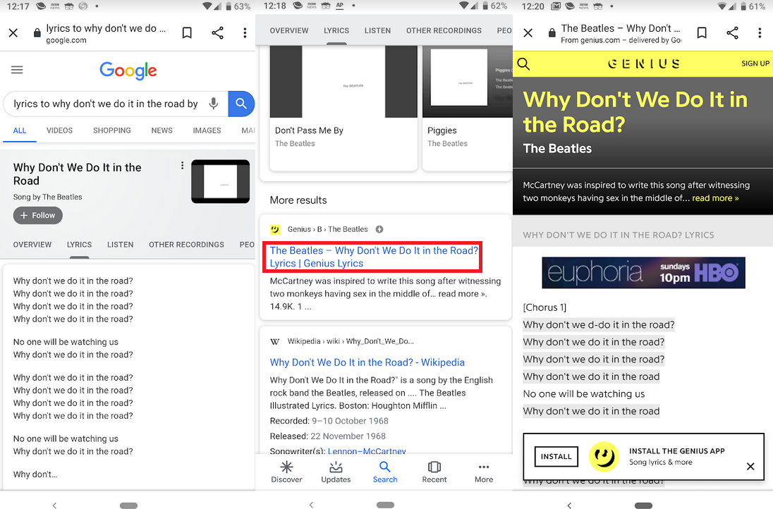 Lyrics found on Google Search at left, and on Genius' site at right - Media company used an ingenious method to catch Google copying its work &quot;red-handed&quot;