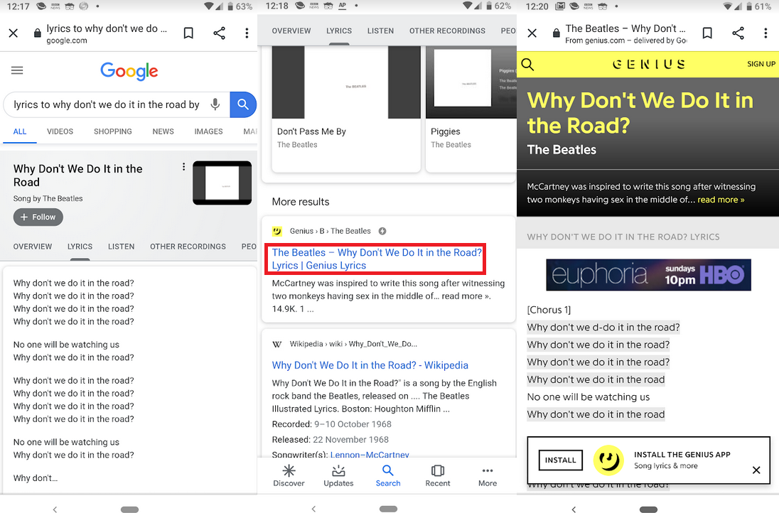 Lyrics found on Google Search at left, and on Genius' site at right - Media company used an ingenious method to catch Google copying its work "red-handed"