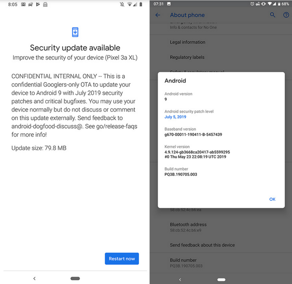 Screenshots show that Google mistakenly sent the July Android security update to consumers - Several Pixel 3a users get a glimpse of the future thanks to Google