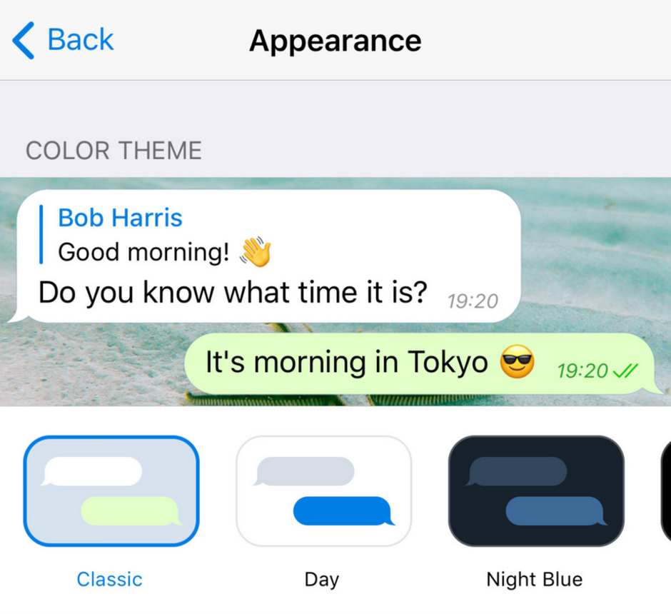 Telegram users with an iOS device can see what a theme will look like before a change is made - Telegram update adds location-based chats and much more