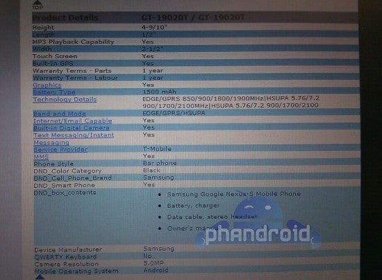 Some specs of the Samsung Nexus S are confirmed, no HSPA+?