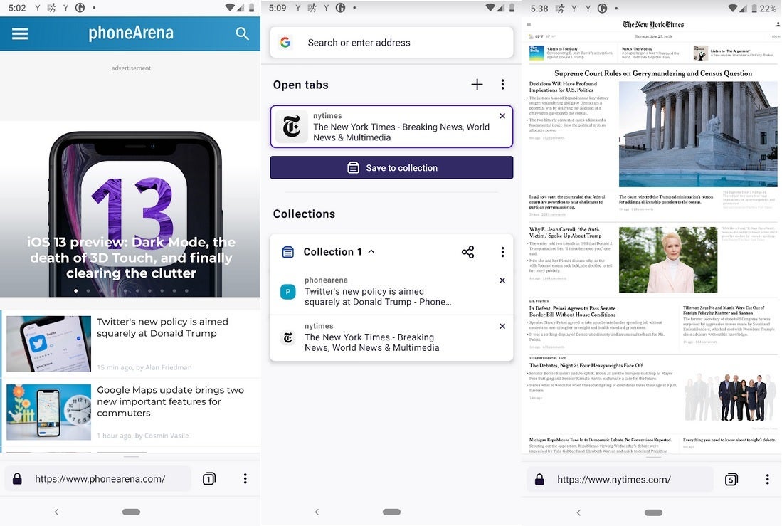 Screenshots from Firefox Preview, available in the Google Play Store - Preview of Firefox&#039;s new Android browser available in Google Play Store