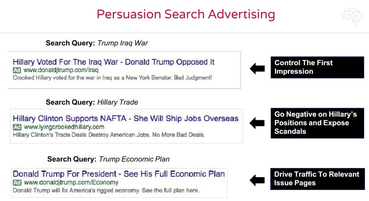 Example of ads placed by Cambridge Analytica using data obtained from Facebook members&#039; profiles - Facebook to ban ads dissuading Americans from voting