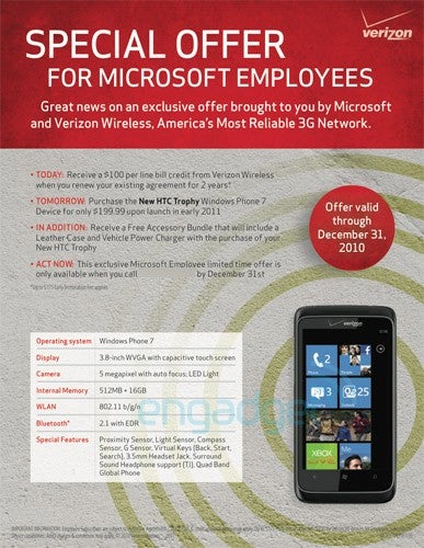 Microsoft employees are getting first crack at Verizon's version of the Windows Phone 7 flavored HTC Trophy - Verizon offers Microsoft employees first crack at the Windows Phone 7 HTC Trophy