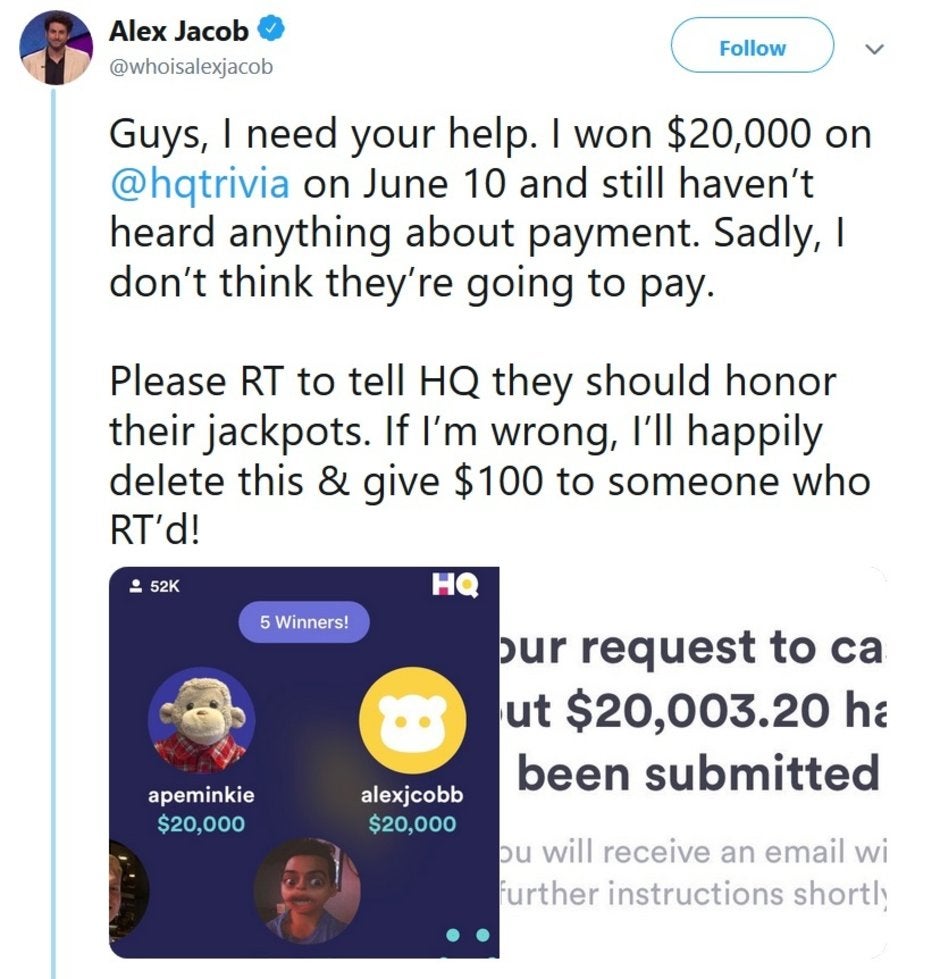 Jeopardy champ Jacob says he's been stiffed by HQ Trivia - Former Jeopardy champ claims that he's been stiffed by HQ Trivia after winning $20,000