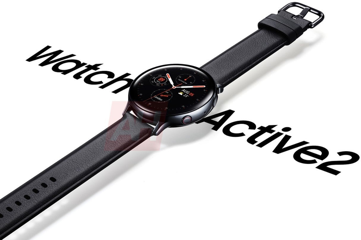 Samsung Galaxy Watch Active 2 render shows leather band, accented power key