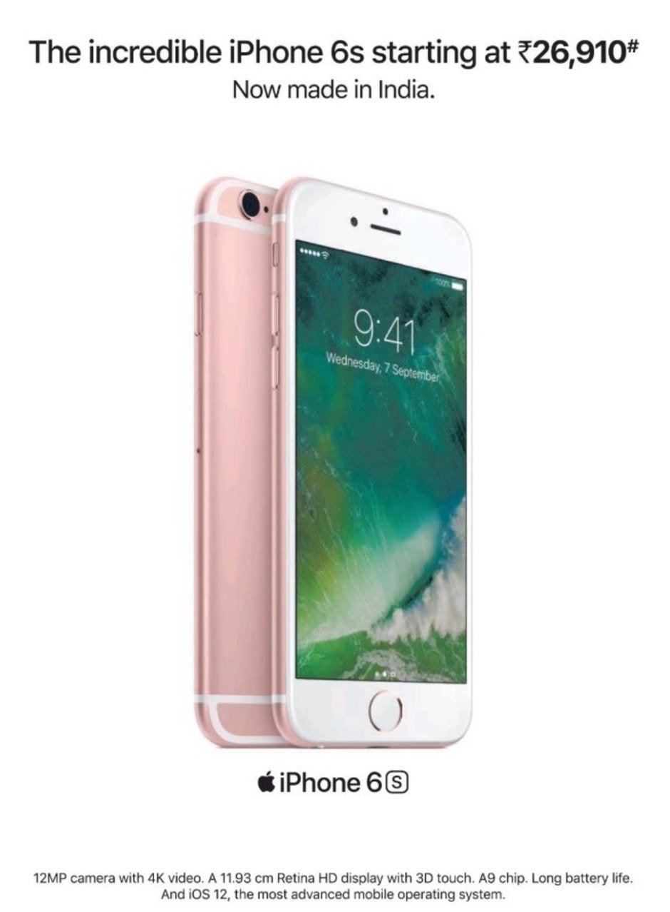 The Apple iPhone 6s is marketed in India for the equivalent of $393.42 USD - Apple reportedly will make and sell its high-end iPhones in India next month