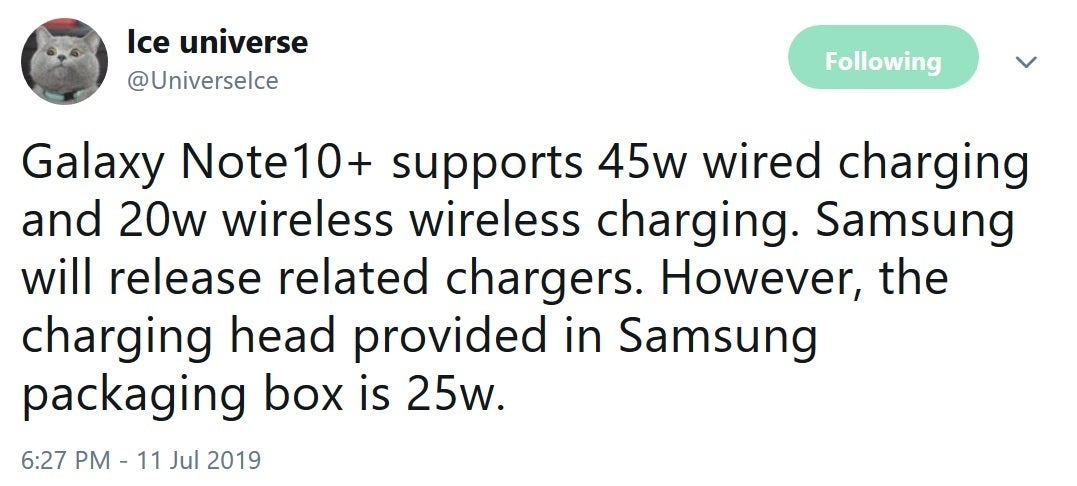 The Galaxy Note 10 5G should support 45W charging although a 25W adapter will be in the box - Samsung Galaxy Note 10 5G will reportedly have three different storage configurations