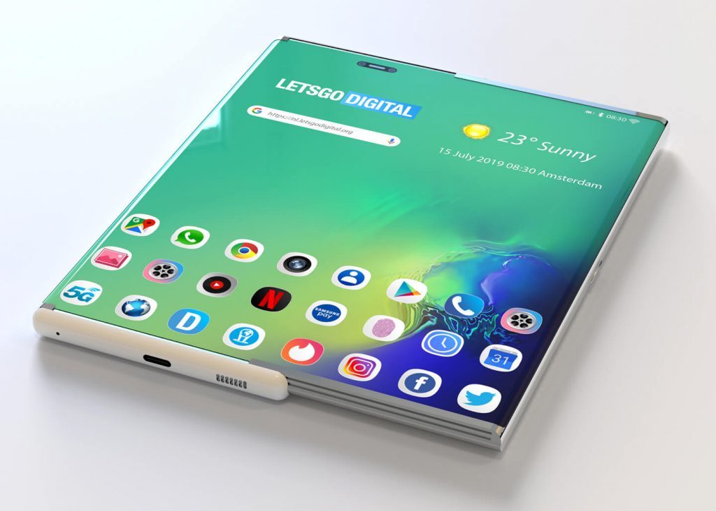 Render from Lets Go Digital shows the retractable screen fully extended - Samsung's patent shows a phone using a slide-out screen to become a tablet