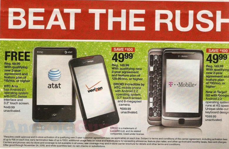 Black Friday will see the HTC Aria (AT&amp;amp;T), HTC Droid Incredible (Verizon) and the T-Mobile G2 each get a haircut on price - Leaked ad from Target shows off savings on three Android handsets for Black Friday