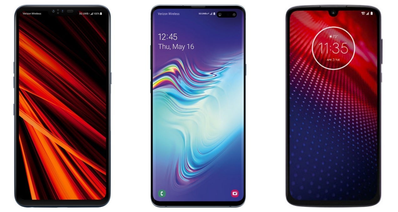Verizon's current 5G phones; the LG V50 ThinQ 5G, the Samsung Galaxy S10 5G and the Moto Z4 with 5G Moto Mod attached - Verizon has 209,000 net additions to its consumer postpaid smartphone business in Q2