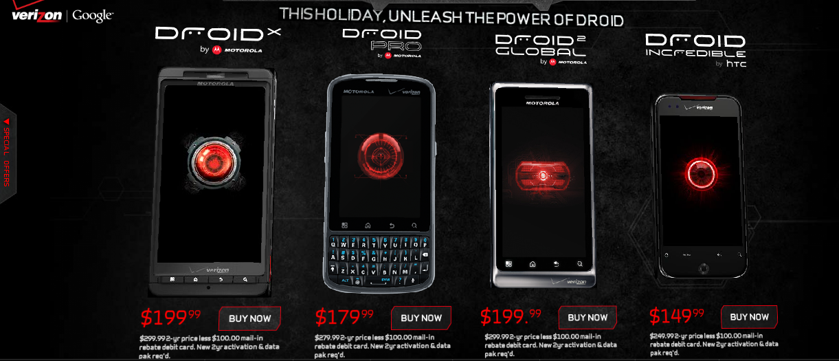 Add the Motorola DROID 2 to this lineup and you have Verizon&#039;s DROID roster for the holiday shopping season - Verizon introduces Motorola DROID 2 Global for $199.99 after rebate and signed pact