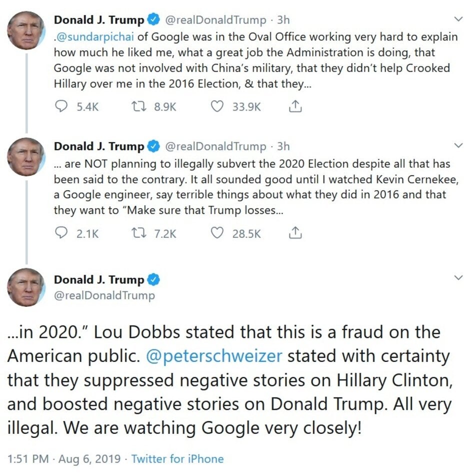 Trump's tweetstorm against Google today - Trump threatens to watch Google "very closely" in new tweetstorm