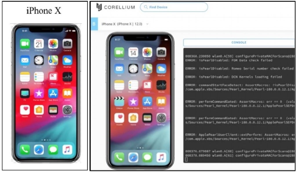 A Real Apple iPhone X and Corellium's virtual copy side-by-side - Apple sues company that sells a virtual iPhone complete with iOS